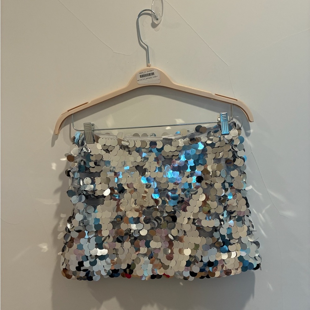 Reformation Silver Blue Sequin Mini Skirt